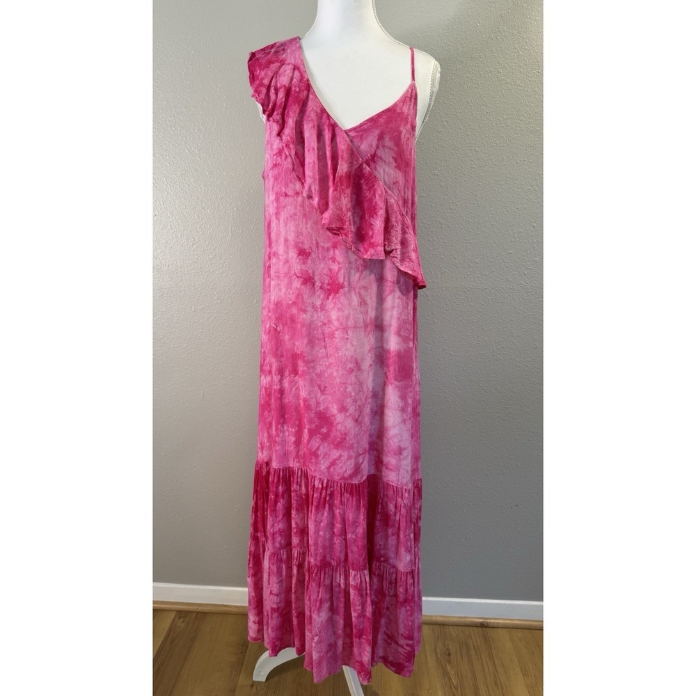 THML Pink Tie Dye One Shoulder Ruffle Maxi Dress Tiered Boho Chic Festival Large